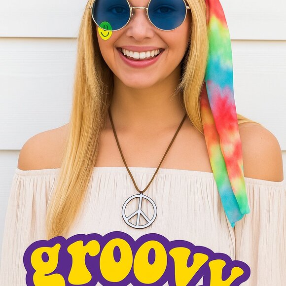 60s Hippie Party Set with Blue Glasses (2) and Sunflower Decor For Hair - Picture 16 of 17